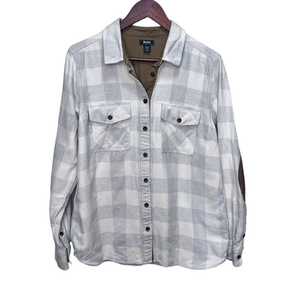 ROOTS Plaid Flannel Cream & Grey Button-Up Shirt Size Medium - Picture 1 of 12
